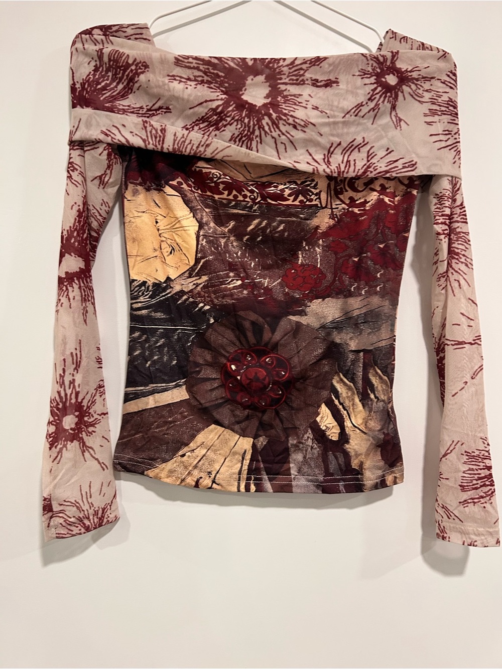 Boho Goth Off-Shoulder Long Sleeve Top in Burgundy Print - Picture 2 of 2